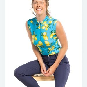 KASTEL DENMARK
AZURE LEMONS RUCHED BACK SLEEVELESS 1/4 ZIP SHIRT MEDIUM